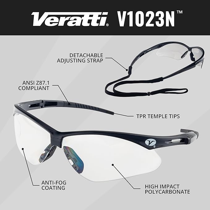 Veratti V1023N Safety Glasses, Clear Anti-Fog Lens, ANSI Z87.1, Removable Strap, Black Frame, Impact Resistant