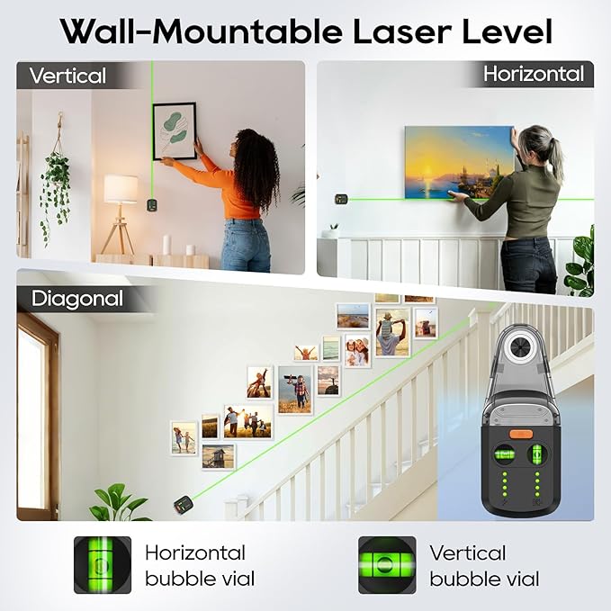 4-in-1 Laser Level Tool, Rechargeable Wall Mount Laser Level for Picture Hanging, with Line Laser, Drill Dust Collector, Wall Bracket, Electronic Vacuum Suction Cup Home Renovations