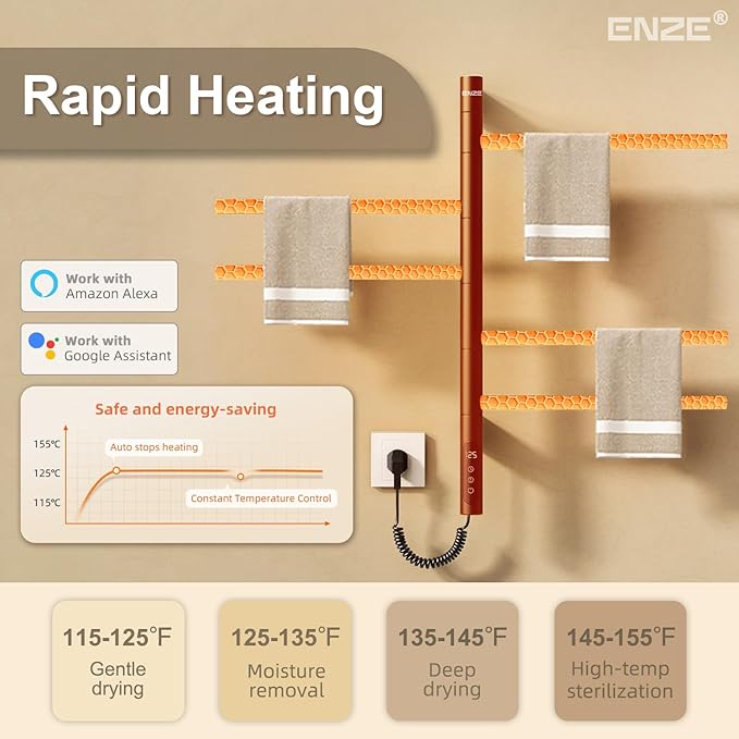 ENZE Smart Rotating Heated Towel Rack for Bathroom, Wall-Mounted Electric Towel Dryer with Swivel Bars, Smart Timer, Low Carbon Steel, IPX5, Plug-in/Hardwired, Towel Warmer with Wi-Fi App Control