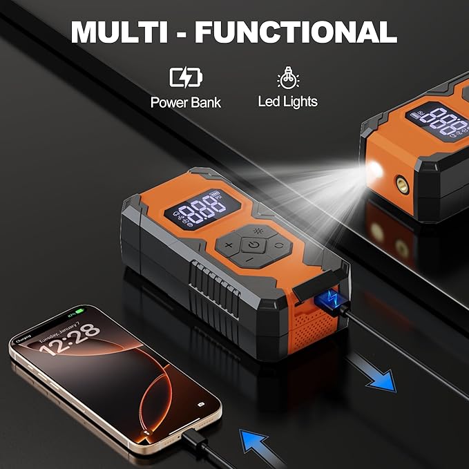 Tire Inflator Portable Air Compressor,3X Faster Portable Air Pump for Car Tires with 7800mAh Battery,150PSI Cordless Air Pump with Digital Pressure Gauge for Cars,Bike &Motorcycle,Black+Orange