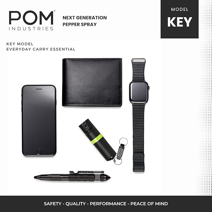 POM Pepper Spray Keychain, Quick Key Release for Instant Access, Flip Top Safety, Maximum Strength OC Formula with UV Marking Dye, 25 Bursts, 10 ft Range, 0.5 fl oz