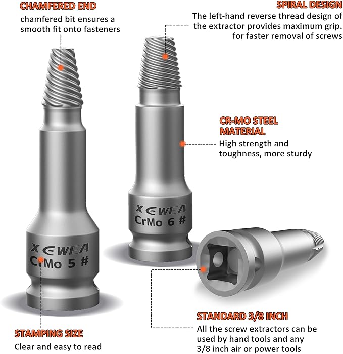 XEWEA 11PCS 3/8" Inch Drive Screw Extractor Set with Adapters, Upgrade Multi-Spline Easy Out Stripped Screw Remover Kit, 2-in-1 EZ Out Tool for Removing Rusted, Frozen or Broken Studs, Bolts, Screws