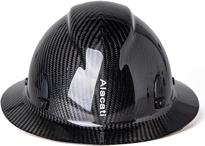 Carbon Fiber Hard Hat Full Brim with Goggles- Safety Helmet with 6-Point Adjustable Ratchet Suspension- ANSI Z89.1 Compliant