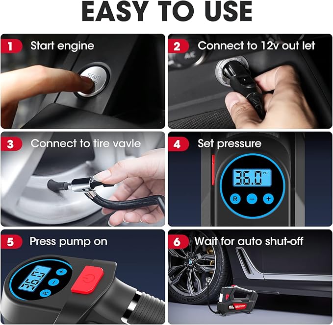 Air Compressor Tire Inflator Portable Air Pump DC 12V Auto Tire Pump with Digital Pressure Gauge,150PSI with Emergency LED Light for Car Tires, Motorcycle, Bicycle and Other Inflatables