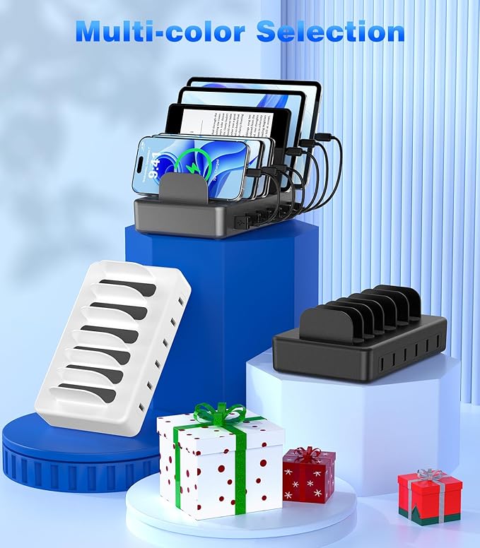 CREATIVE DESIGN 50W Charging Station for Multiple Devices,6 Port Multiple USB Charger Station with 6 Cables Compatible with iPhone,iPad Kindle Tablet and Other Electronic（Space Gray