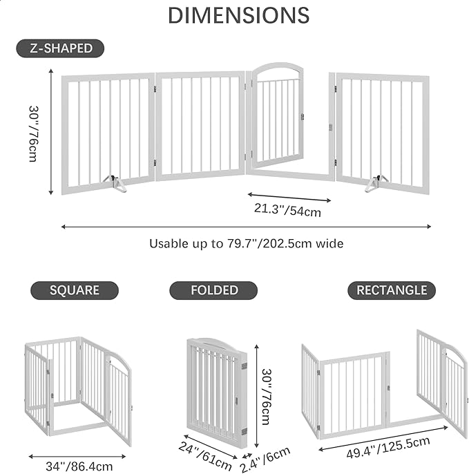 JSB 96-inch Extra Wide 30-inch Tall Dog gate with Door Walk Through, Freestanding Round Tube Pet Gate for Halls Stairs, Puppy Safety Dog Fence with 2PCS Support Feet (White)