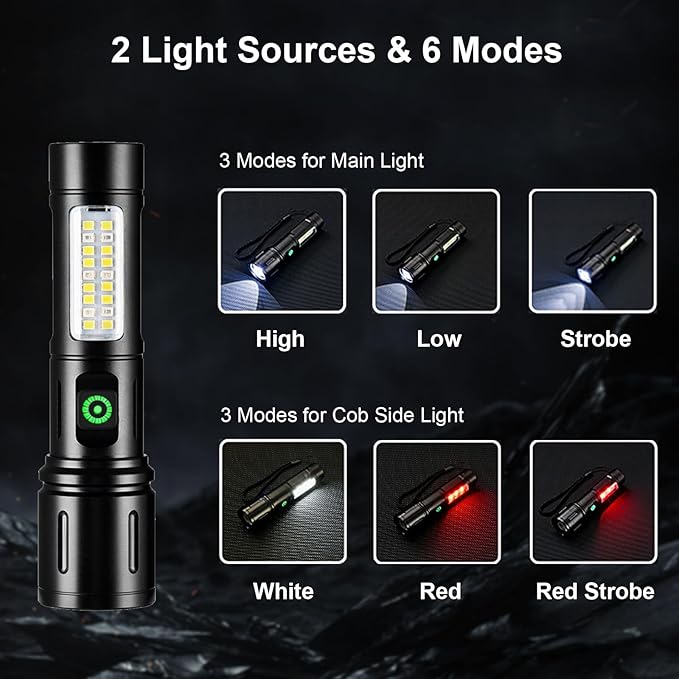 Rechargeable Flashlights High Lumens 2 Packs, 900,000L LED Metal Flashlight Battery Powered with 6 Modes, Cob Side Light, USB C, Waterproof, Zoomable, Handheld Flash Lights for Emergency Home