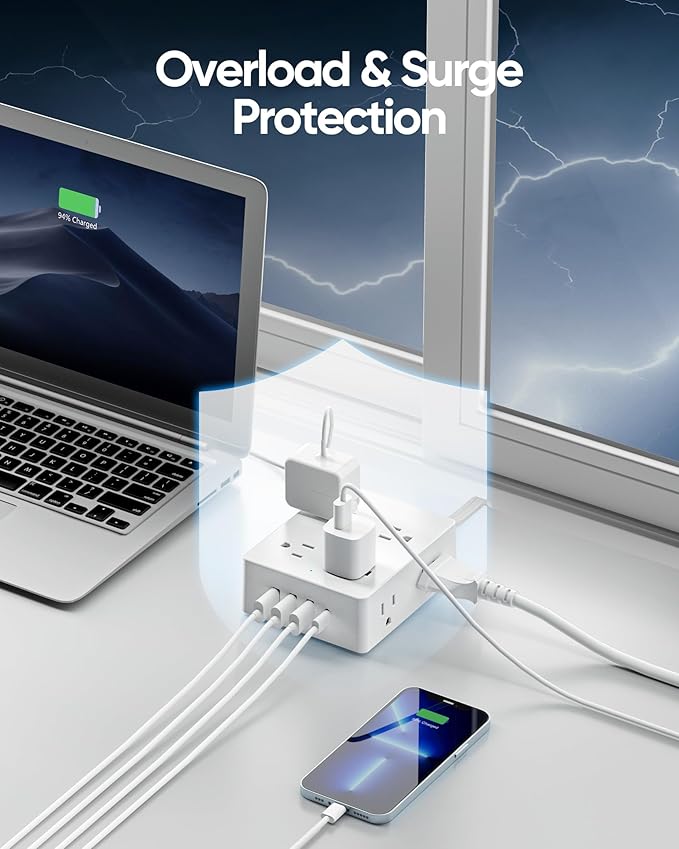 Surge Protector Power Strip 10 ft Cord, Olcorife Ultra Thin Flat Plug Extension Cord, 8 Outlets 4 USB Ports(1 USB C), Flat Plug Outlet Extender, College Dorm Room Essentials, White