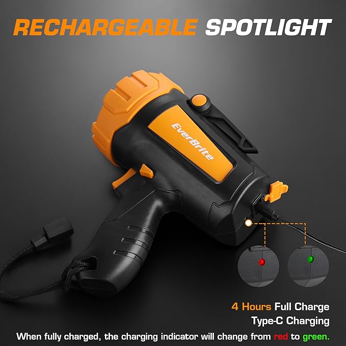 EverBrite Powerful Rechargeable Spotlight, 500lm LED Flashlight with Adjustable Stand, Perfect for Outdoor, Work, Emergency