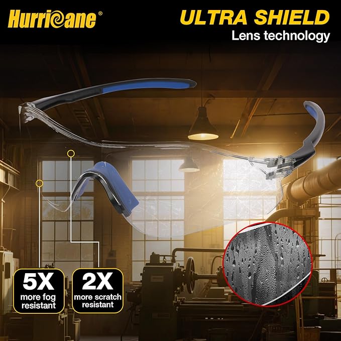 HURRICANE UV400 Safety Glasses, Clear Lens, Lightweight PC Glasses with Anti-Fog Feature