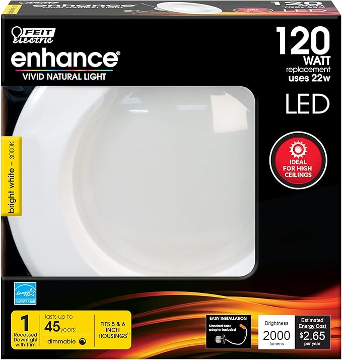 Feit Electric 5 Inch or 6 Inch LED Recessed Lighting Retrofit Downlights, 120 Watt Equivalent High Output, 2000 Lumen, 3000K Soft White, Dimmable, 6 Pack, LEDR56XHO/930CA/6