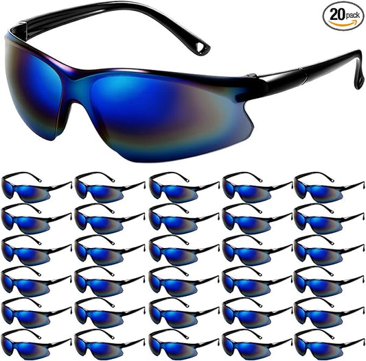 Kingdder 20 Pack Safety Glasses Bulk for Men Scratch Resistant Goggles Eye Protection Glasses Blue Tinted Mirror Polycarbonate Lens
