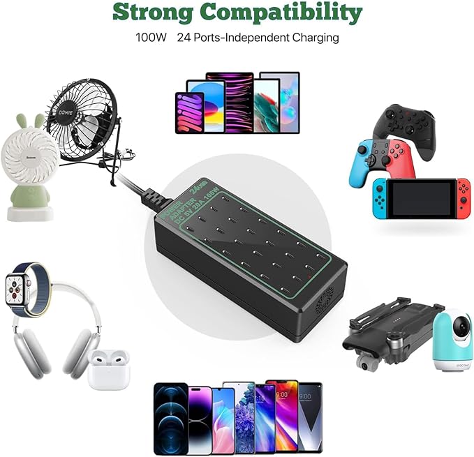 24-Port 100W (20A) USB C Charging Station, Multiple Fast Charger Hub, Home Desktop Power Adapter, Travel Convenient, Compatible With iPhone/Samsung/Google and More