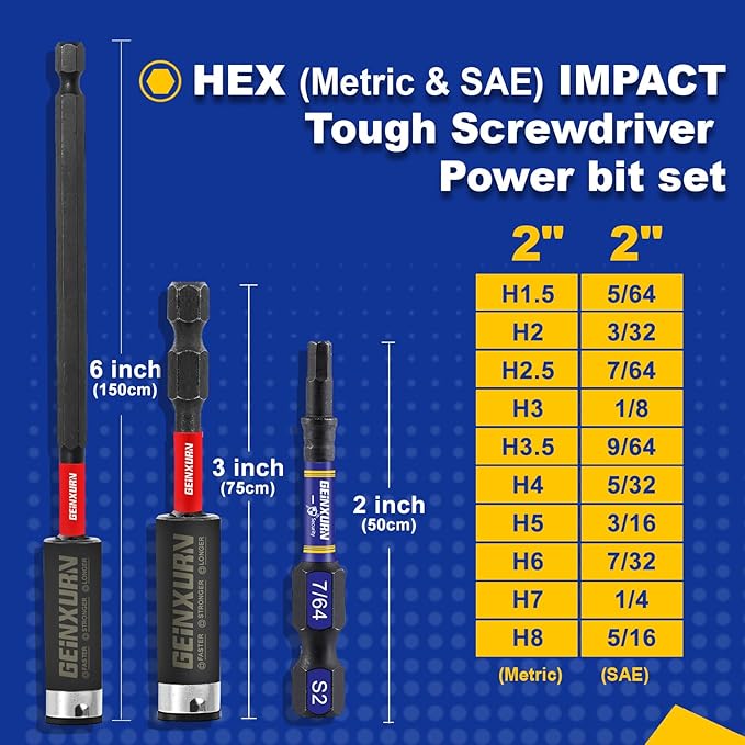 22Pieces 2 In. Hex Head Impact Tough Magnetic Allen Wrench Drill Bits Set, Multi Hex Head (Metric&SAE) Power Bits Set, S2 Steel Hex Screwdriver Bit set with 3”Bit Holder
