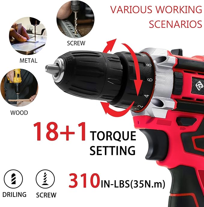 Cordless Drill Set 21v Power Drill Cordless With Battery & Charger, 84pcs Accessories Electric Drills Variable Speed, 3/8" Keyless Chuck, Built-In Level and 2 Driver Red kit