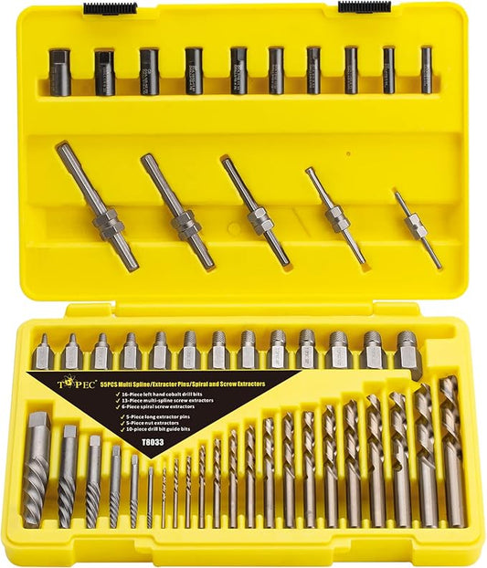Topec 55-Piece Screw Extractor & Broken Bolt Extractors, Multi-Spline Extractors, and Drill Bits for Removing Damaged, Frozen, Rusted, Rounded-Off Bolts & Screws