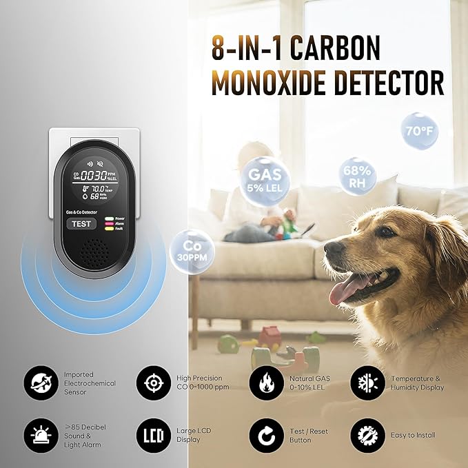 Portable Carbon Monoxide Detector 8-in-1, Carbon Monoxide Detectors Plug-in with HD Screen Natural Gas/Temp/Humidity, CO Monitor Alarm Sound Warning for Travel, Home, RV, Apartment Safety