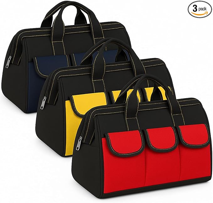 Sanwuta 3 Pack Tool Bag for Men with Waterproof Hard Bottom, Heavy Duty Tool Bag Wide Mouth Tote for Various Instrument, Electrician Carpenter Mechanic(16 Inch,Black Red, Blue, Yellow)