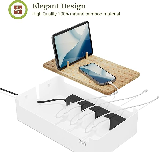 Prosumers Choice Bamboo Charging Station for Multiple Devices - Wooden Charger Organizer with Removable Dividers for Phones, Tablets, and Laptops - 11 Inch Cable Organizer Box - Space-Saving Desk Dock