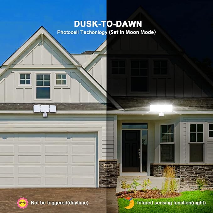 EMANER Outdoor Motion Sensor Light, LED Security Light 45W Exterior Dusk to Dawn & Motion Detector Adjust, 3-Head Frosted Lens 5000K, Corded Floodlight for Garage/Porch/Front Door, (1-Pack, White)