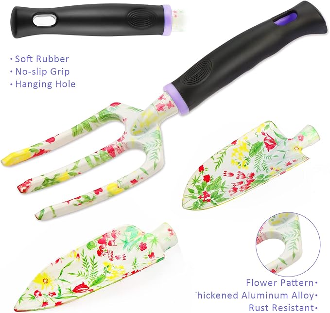 JUMPHIGH Gardening Tool Set, 10 PCS Heavy Duty Aluminum Garden Kit Floral Gardening Gifts for Women, Garden Hand Tools with Non-Slip Rubber Handle, Kneeling Pad, Garden Gloves and Storage Tote Bag