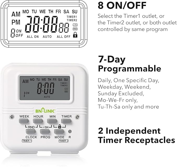BN-LINK Digital Timer Outlet 7 Day Programmable Digital Outlet Timer with 2 Independent Outlets 3-Prong Mini Indoor Easy Set Stackable Plug-in for Lights Lamps Fans Accurate 8A/1000W 1/3HP