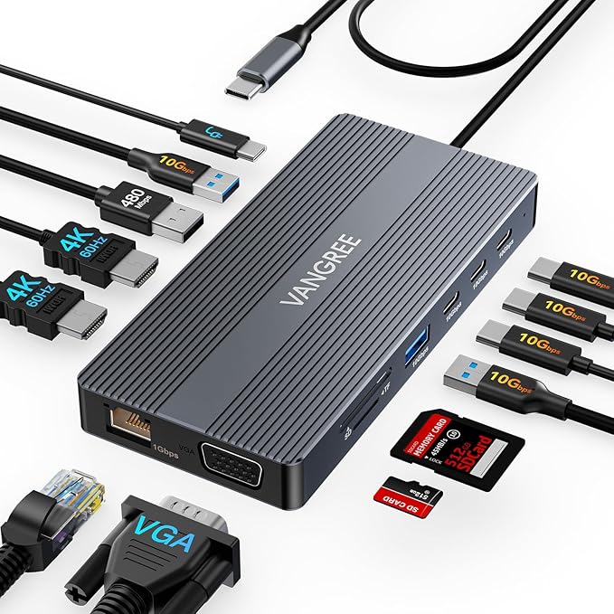 USB C Docking Station, 14 in 1 USB C Hub Multiport Adapter, Triple Display 3 Monitors with Dual 4K HDMI+VGA, 100W PD, 5xUSB A/C 10Gbps, Ethernet, SD/TF, Audio Ports for Laptop/Lenovo/Dell/HP/Surface