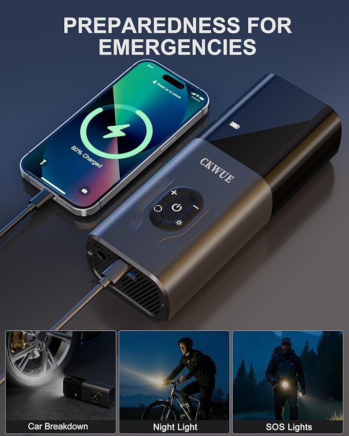 Tire Inflator Portable Air Compressor, CKWUE 180PSI Cordless Air Compressor, 6X Faster Air Pump with Digital Pressure Gauge, Tire Pump with Dual Mode Inflation （Dark Gray）