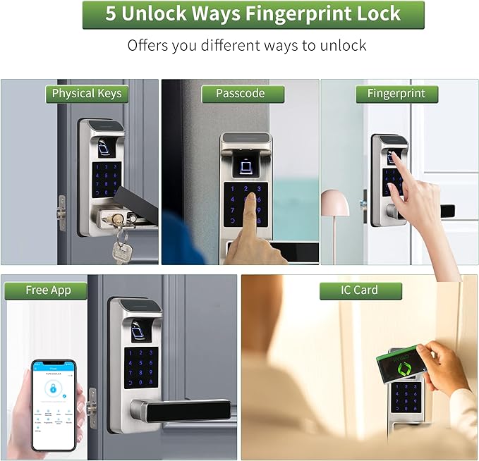 Harfo Smart Door Lock, Heavy Duty 5 in 1 Keyless Entry Door Lock, Full App Control Digital Keypad Lock, Reversible Handle with Fingerprints and Passcodes for Family/Office/Apartment (Satin Nickel)