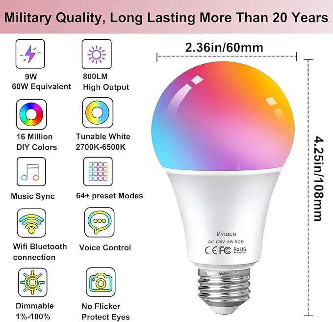 Vinaco A19 Smart LED Bulb 9W 800LM, 60W Equivalent, RGB Color Changing Light Bulb Work with Alexa & Google Assistant, WiFi Bluetooth Light Bulbs E26 Base, Smart A19 Dimmable Light, No Hub Needed