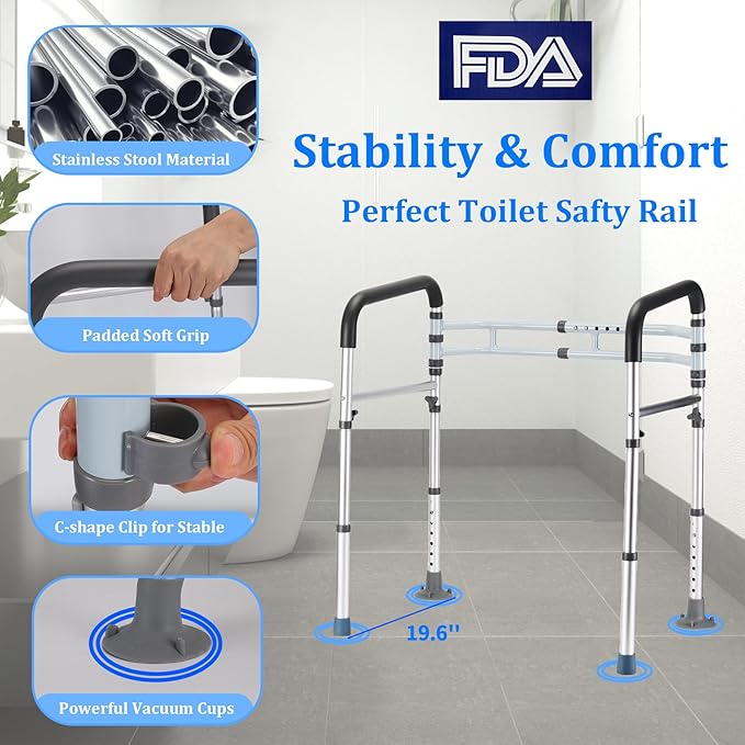 Toilet Safety Rail - Adjustable Detachable Medical Safety Frame for Elderly & Handicap, Heavy Duty Handles, Fits Most Toilets