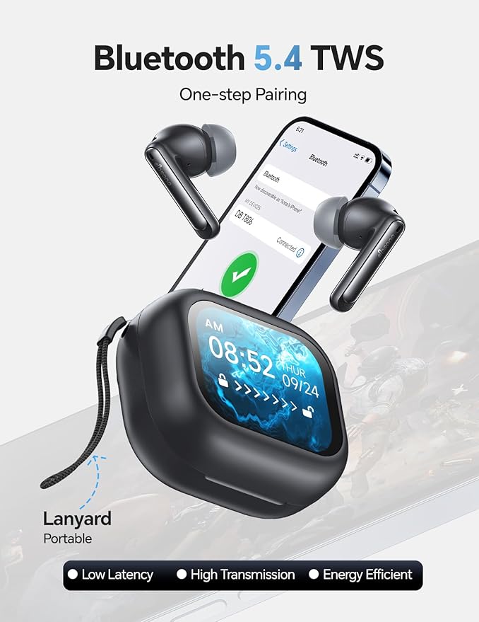 Wireless Bluetooth Earbuds: 5.4 TWS, 13mm Drivers Hi-Fi Deep Bass, 30H Playtime, Touchscreen Control, Mic for Calls, IPX5 Water-Resistant, White Elephant Stocking Stuffers for Men/Women/Adults, Black