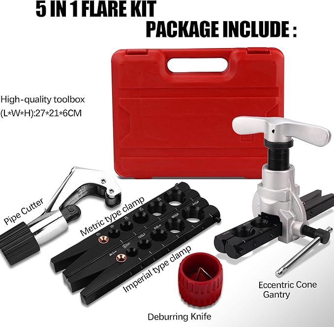 Flaring Tool Kit, HVAC Pipe Expander Tool, 1/4'' - 3/4'' and 6-19mm 45° Eccentric Single Flare Tool with Tubing Cutter and Cylinder Style Deburring Tool for Copper Tube Expander