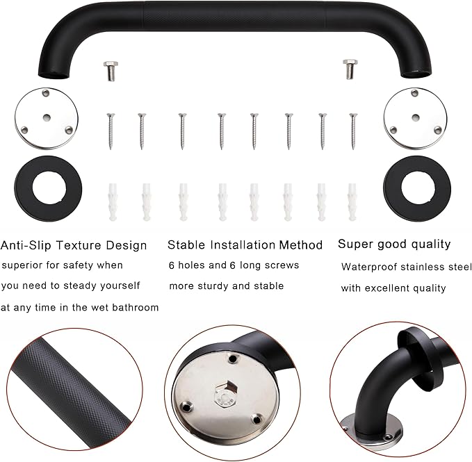 Shower Grab Bar, 2 Pack 24 Inch Black Bathroom Grab Bar, 1.25" Diameter 304 Stainless Steel Anti-Slip Grab Bars for Bathtubs and Showers, Handicap Shower Grab Bar for Seniors Elderly