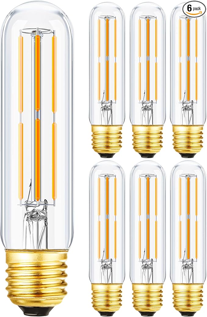 Leools T10 Led Bulb,Dimmable 6W Led Tubular Bulbs,E26 LED Edison Bulb, 60 Watt Incandescent Bulb Equivalent,Warm White 2700K, Clear Glass, E27 Lamp Bulb, for Cabinet Display Cabinet etc,6 Pack.