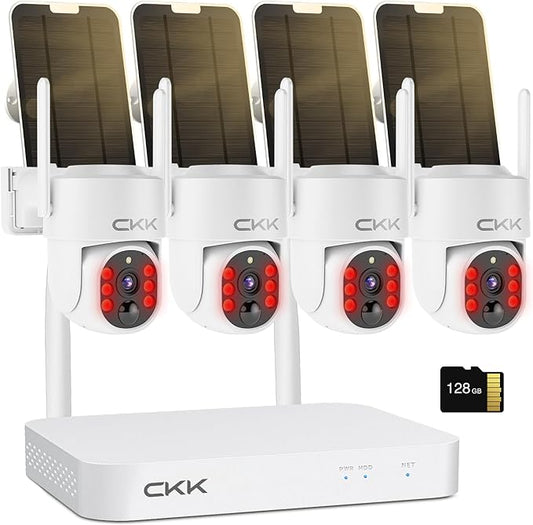 2.5K Wireless Solar Security Camera System, 4 Pack 360° View PTZ WiFi Cameras, Full Color Night Vision,Easy Setup, 2-Way Audio,10CH WiFi NVR with 128GB Storage, PIR Alarm, Compatible with Alexa