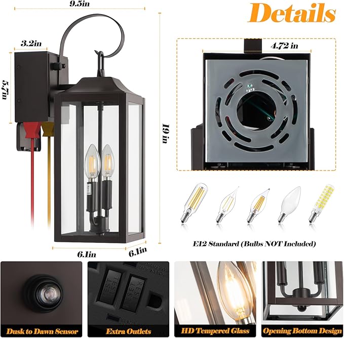 Porch Lights with GFCI Outlet, 19" Brown Dusk to Dawn Outdoor Wall Lantern 2-Light, Exterior Lighting Fixtures with GFCI Outlet Built-in, Waterproof Bronze Outdoor Wall Sconce for House, 1 Pack