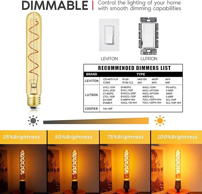 Leools T10 Vintage LED Edison Light Bulbs 60 Watt, 4-Pack Dimmable T30 6W2200K Amber Warm Light Bulbs, E26 Base, 6W LED Equal 60 Watt Incandescent Bulbs,Decorative Antique Spiral Long Bulb,7.3inch