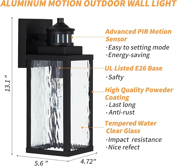 2 Pack Motion Sensor Outdoor Wall Lights,Updated Dusk to Dawn Outdoor Lighting, Exterior Light Fixtures Wall Mount With Water-Rippled Glass,Waterproof Black Porch Light Outside Lights for House