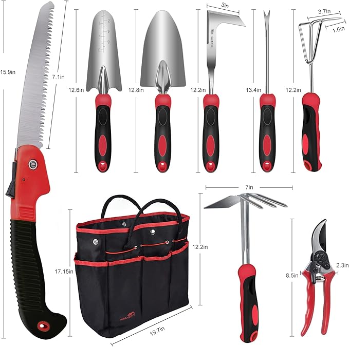 Red Gardening Tools, WisaKey 9 Piece Stainless Steel Heavy Duty Garden Tools with Non-Slip Ergonomic Handle, Garden Tote Bag, Garden kit, Gardening Gifts for Women and Men