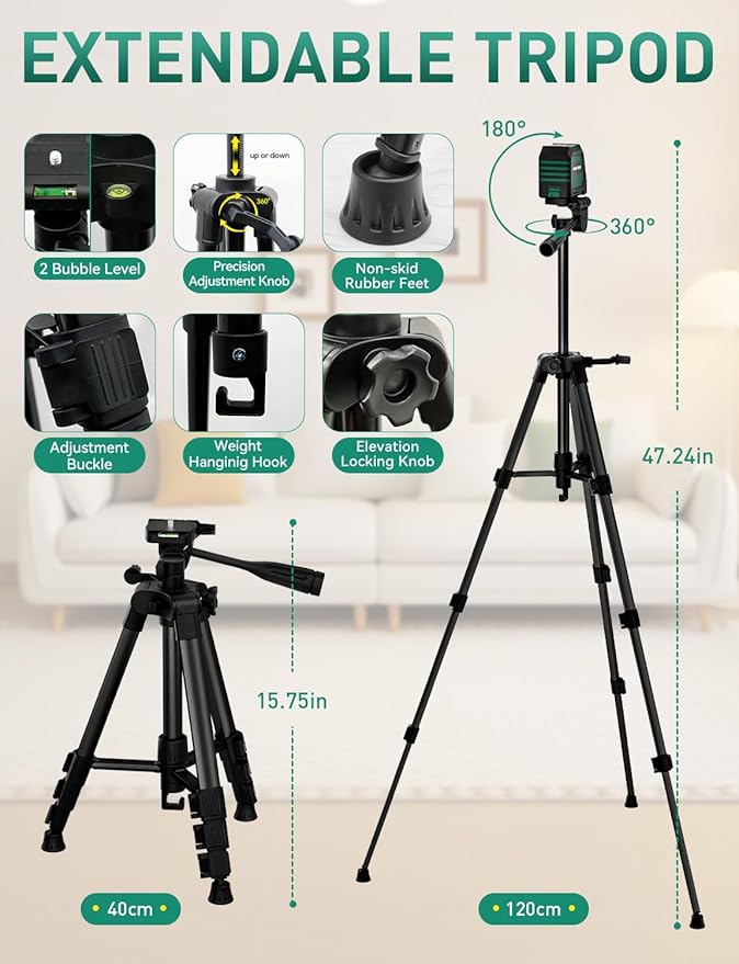 RockSeed Dual Modules Line Laser, Self Leveling Laser Level, Horizontal and 150° Vertical Green Beam, 2 AA Batteries, Carrying Bag, for Home Decoration/DIY/Construction Site