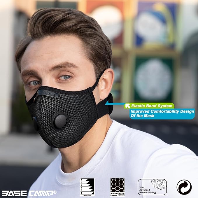 BASE CAMP Silver and Black Upgrade M Plus Dust Mask, Reusable Respirator Face Mask with 6 Activated Carbon Filters, Safety Work Masks for Woodworking, Construction, Yard Lawn Paint, Dust