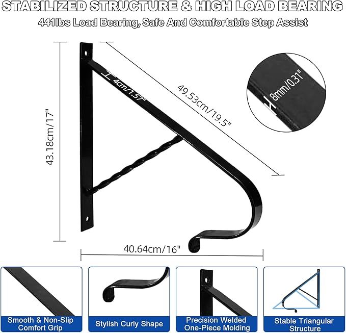 19.5" Handrail for Outdoor Steps,1-2 Steps Stair Handrails-Wall Mounted Wrought Iron Hand Railing-Powder Coated Carbon Steel-Metal Art Single Step Handrail-Step Grab Rail for Indoor Outdoor Stair Step