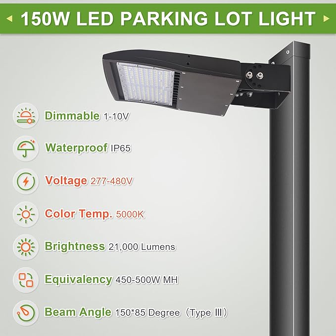 480V 150W High Voltage LED Shoebox Lights, LED Parking Lot Lighting, AC 277-480V LED Pole Area Lights, 450W MH/HPS Equiv, 5000K, Surge Protection Included, DLC UL Certified Trunnion Mount