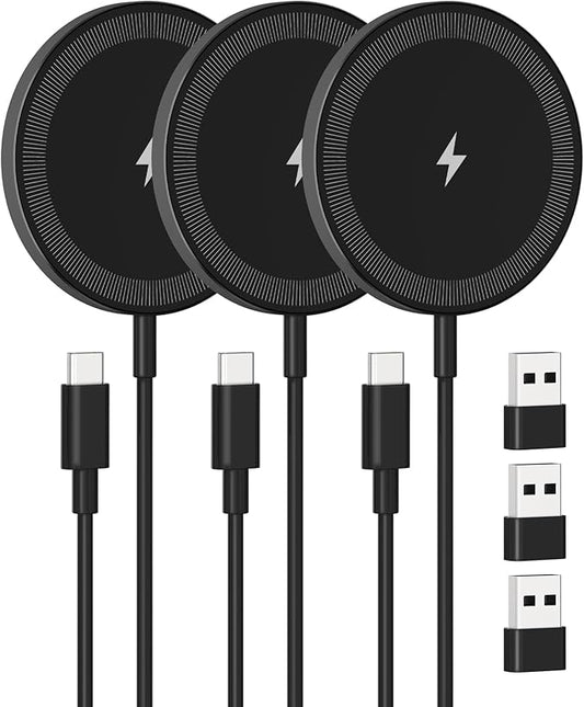 Magnetic Wireless Charger Charging Pad: 15W Qi Fast Portable for iPhone 16e 16 15 14 13 12 Series & AirPods 4 3 2 Pro - Google Pixel 10 Series & Galaxy S25 Qi2 Ready - USB-C/A Dual Ports, 3 Pack Black