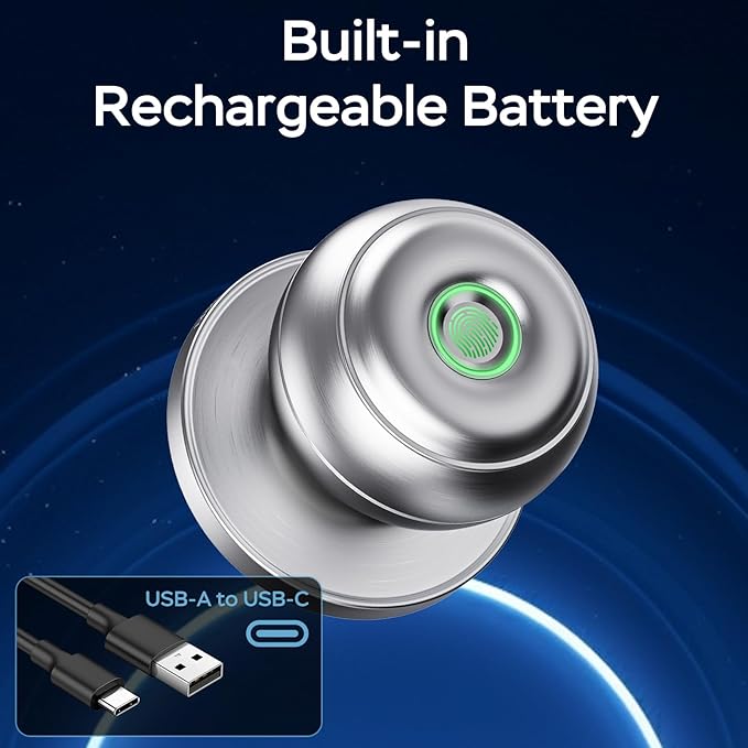 GeekTale Fingerprint Door Lock for Bedrooms, Fingerprint Door Knob with Lock, Smart Door Lock, App Control, Back-up Keys, Thumbprint Door Knob for Bedrooms, Office, Apartment