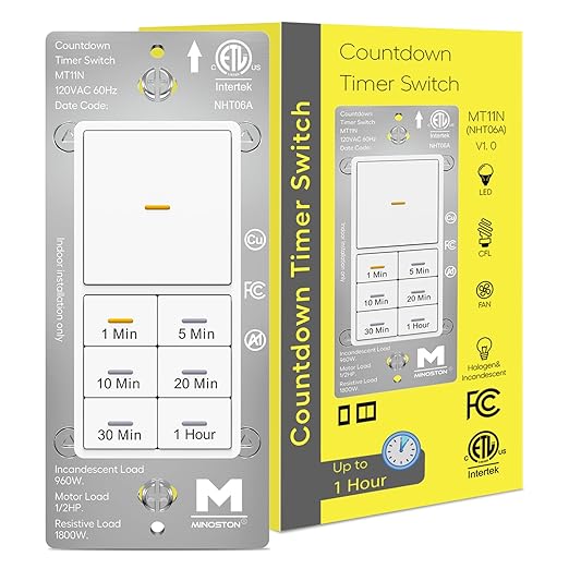 Minoston Countdown Timer Switch, 1-60 Min, Bathroom Fan Timer Switch, Adjustable LED Brightness, 120VAC Neutral Wire Req, ETL and FCC Listed, White (MT11N)