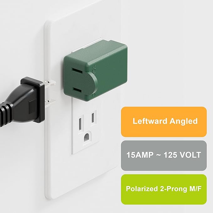 2 Prong 90 Degree AC Adapter, Plugrand NEMA 1-15P to 1-15R Left Angled Adapter, Polarized 2 Prong L Type Adapter, Vertical NEMA 2 Pin Power Adapter, PA-0506G Green Color