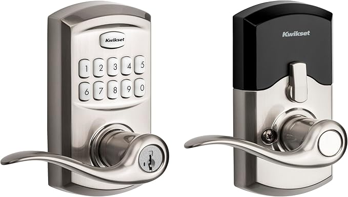 Kwikset SmartCode 917 Keypad Keyless Entry Traditional Residential Electronic Lever Deadbolt Alternative with Tustin Door Handle and SmartKey Security, Satin Nickel