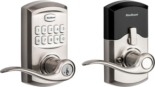 Kwikset SmartCode 917 Keypad Keyless Entry Traditional Residential Electronic Lever Deadbolt Alternative with Tustin Door Handle and SmartKey Security, Satin Nickel
